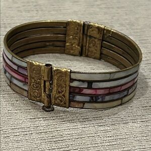 Vintage Multicolor and 5 strand mother-of-pearl Inlay in brass Bracelet - 9”